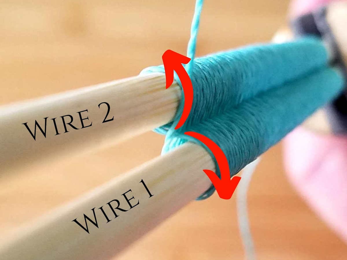 This image shows the detail of the wrap pattern, which forms a perfect Figure 8 around the two core wires. The crossover between the two core wires is what sets this weave apart from other weave patterns.