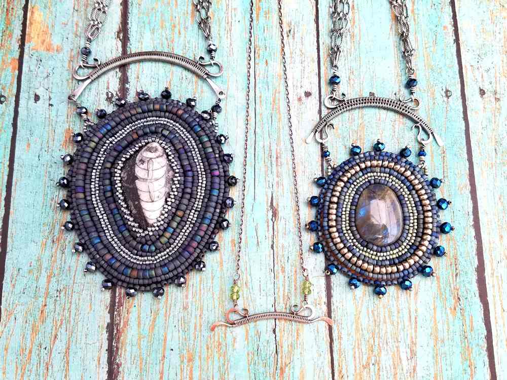 This image shows three possible variations of the Delicate Bar Pendant. Notice how I used the same basic concept and bar construction as wire woven elements in more complex multi media jewelry pieces. Wire weaving doesn't have to be complex, and it doesn't have to stand alone. Although the Delicate Bar Pendant does stand on it's own quite well, as demonstrated in this tutorial, it also works beautifully as a bail for the two bead embroidery bib necklaces pictured here.
