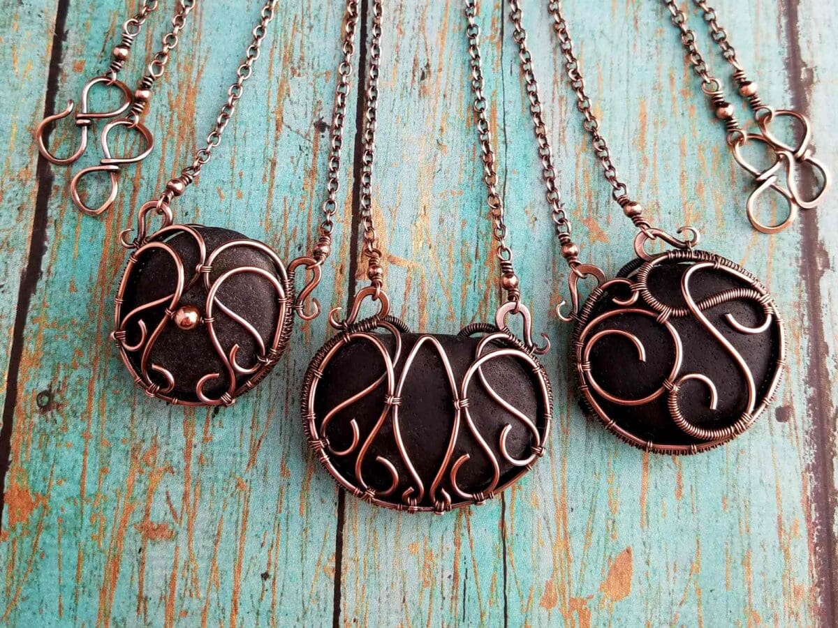 Door 44 StudDoor 44 Studios Private Commission: Three bespoke copper wire wrapped necklaces featuring volcanic beach pebbles from Iceland
