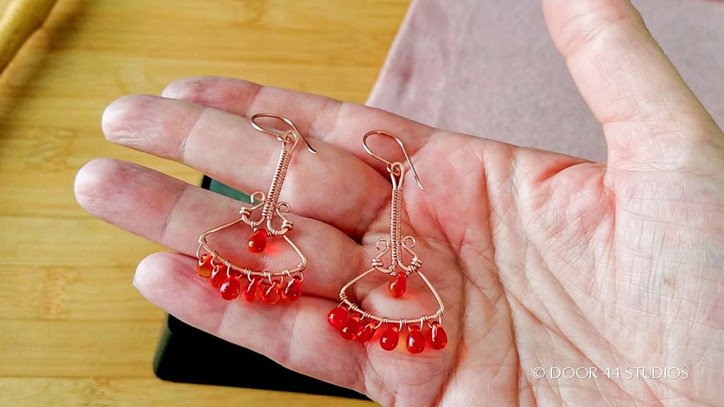 Finally, ear wires are added to fully complete the Art Deco Wire Chandelier earrings.
